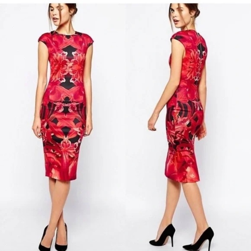 Ted Baker Jungle Orchid Floral Bodycon Midi Dress Red Black Size 0 NWT - Picture 2 of 5